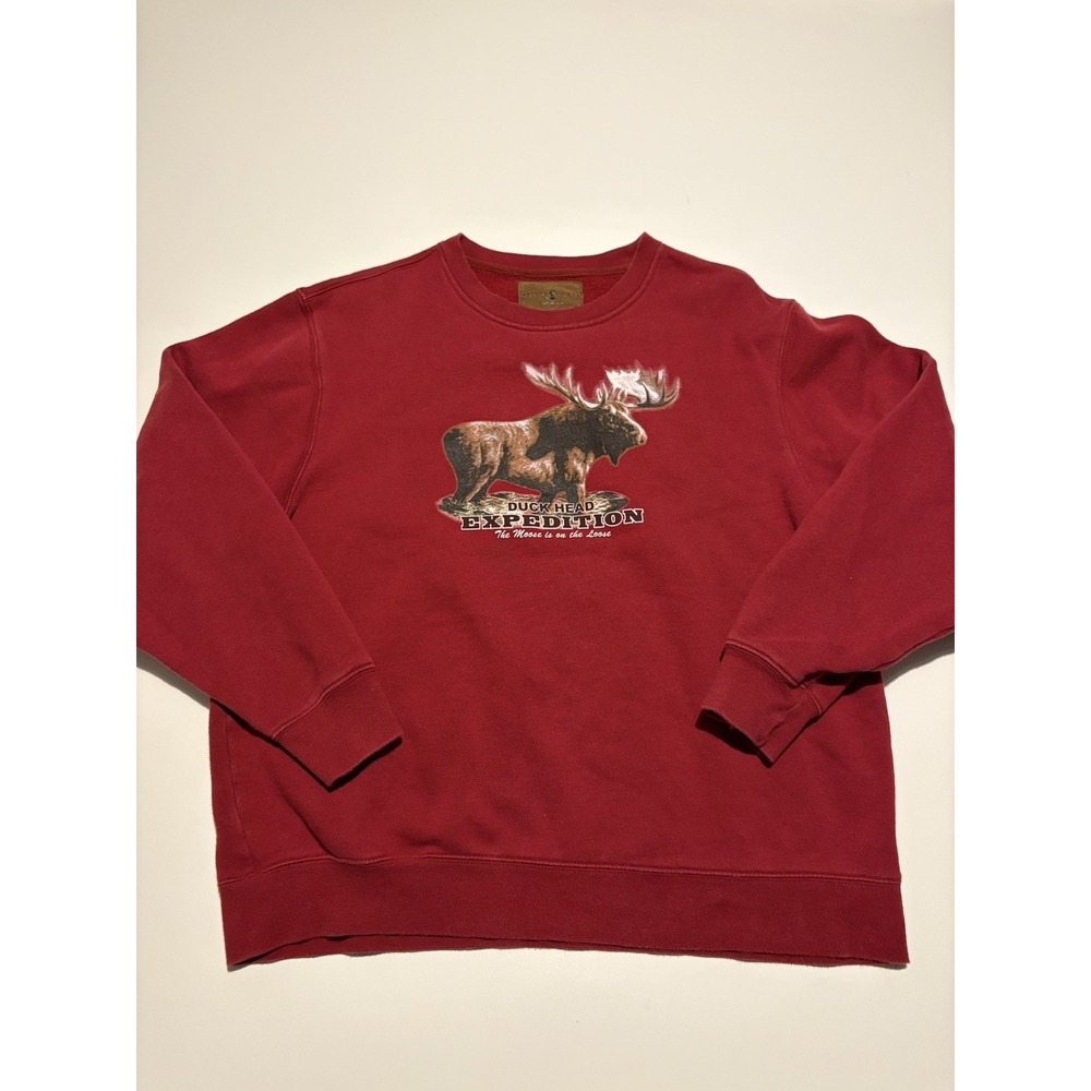 VTG Duck Head Expedition Moose Crewneck Sweater Red SZ Large